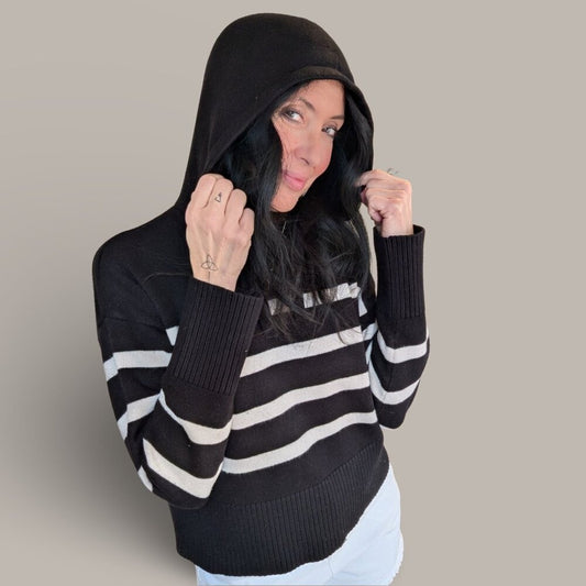 Primark Black and White Striped Hooded Sweater - Medium