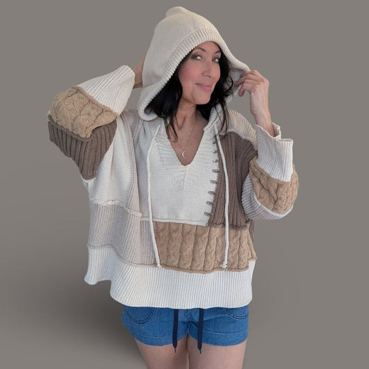 POL Tan Tones Block Knit Hooded Sweater - Small