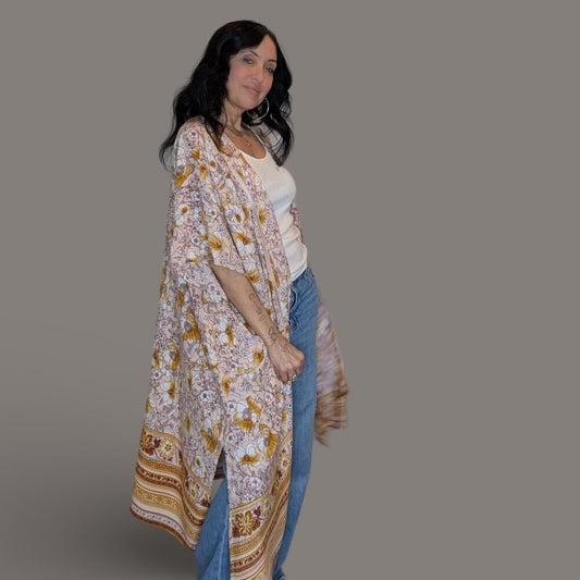 Band of Gypsies Tan Floral Print Boho Kimono - One Size