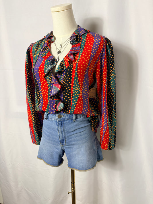 Vintage 80's Colorful Wave Stripe and Polka Dot Ruffle Blouse with Long Sleeves - Small / Medium