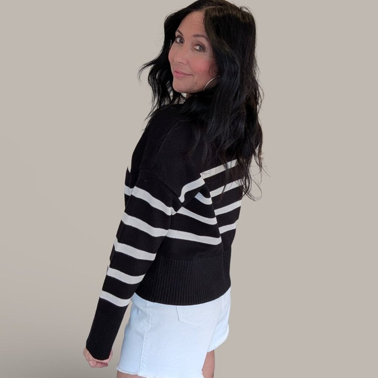 Primark Black and White Striped Hooded Sweater - Medium
