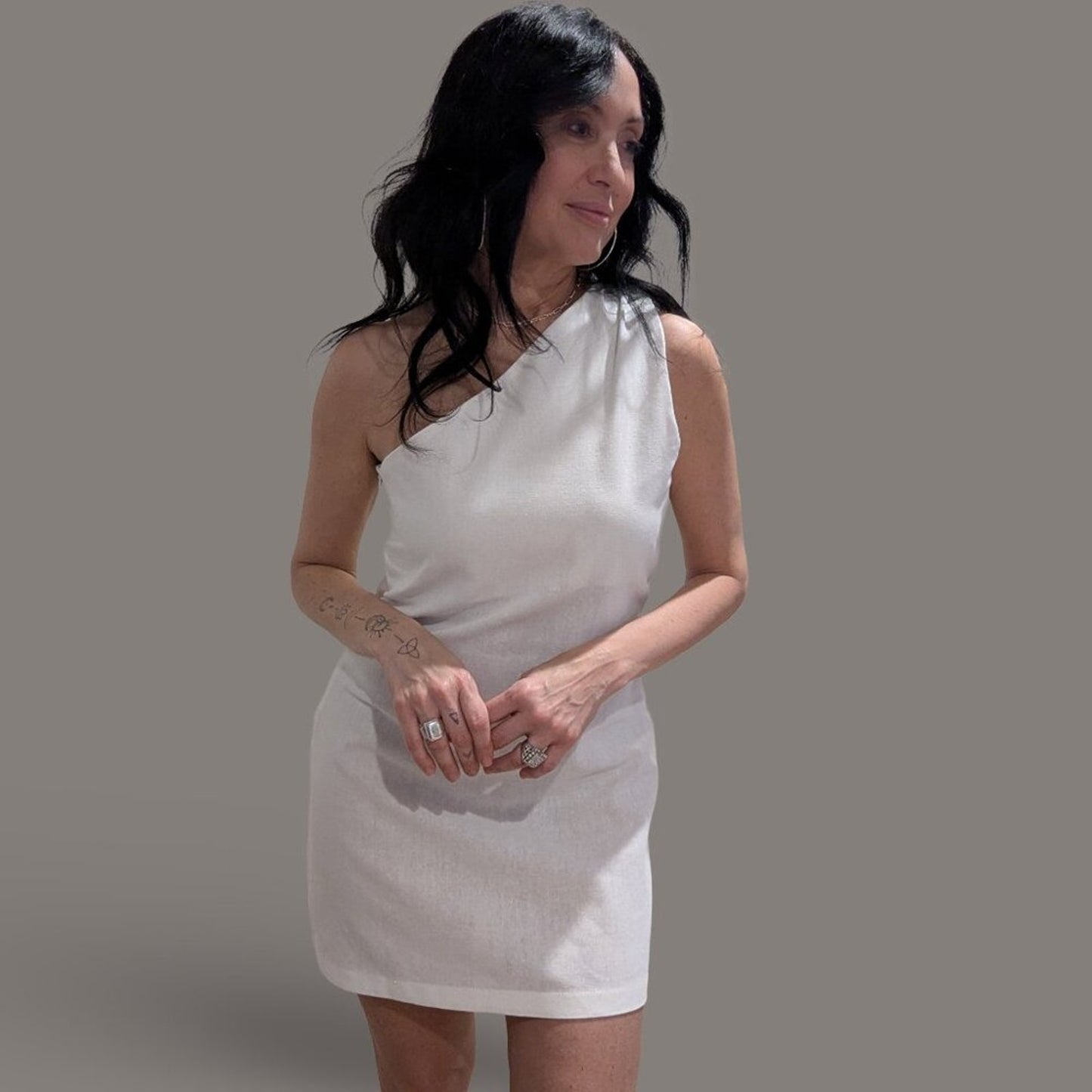 White Linen One Shoulder Mini Dress - Small