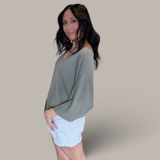 Olive Green V-Neck 3/4 Sleeve Sweater - Medium - Bought in Rome, Italy