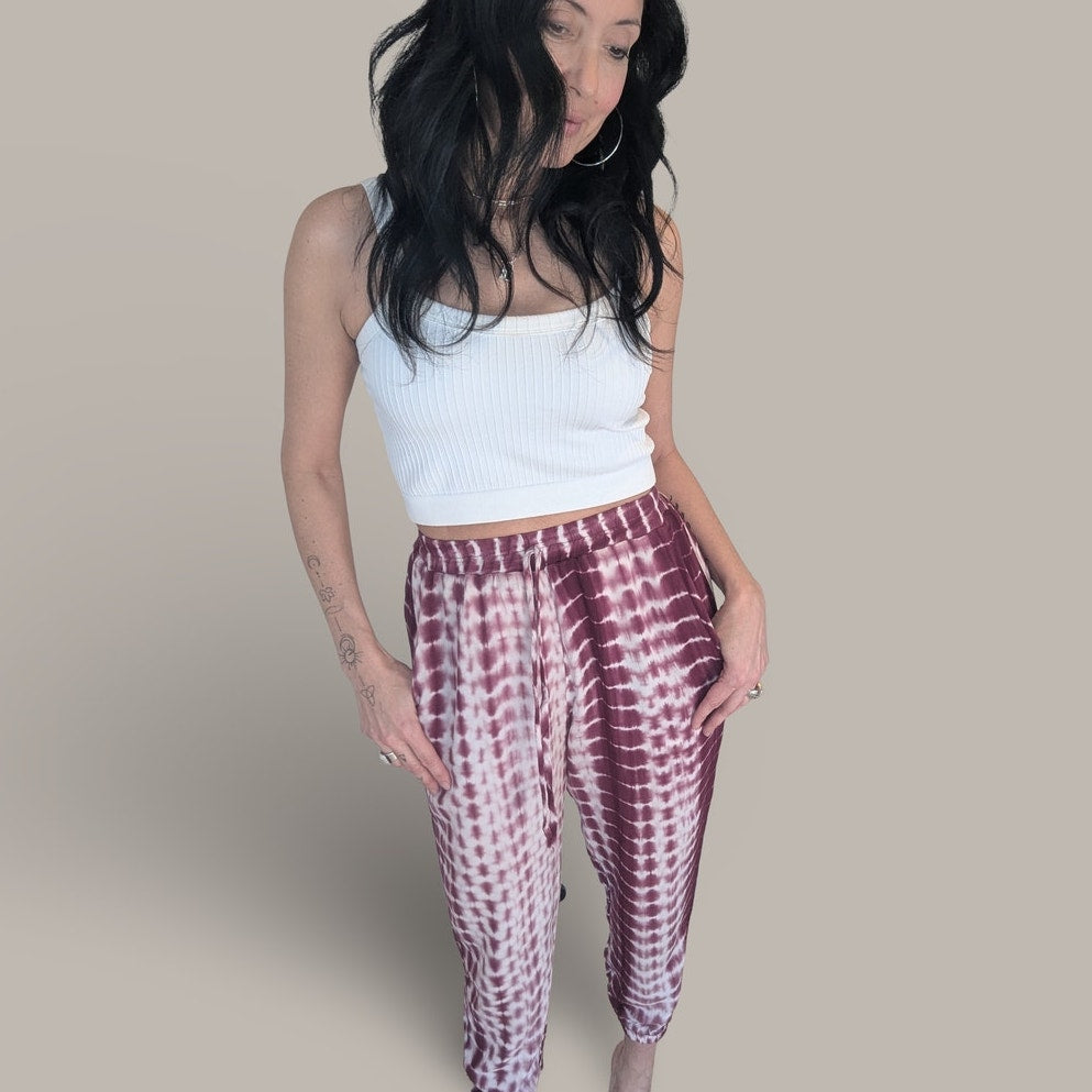 Wine & White Tie-Dye Joggers - Small