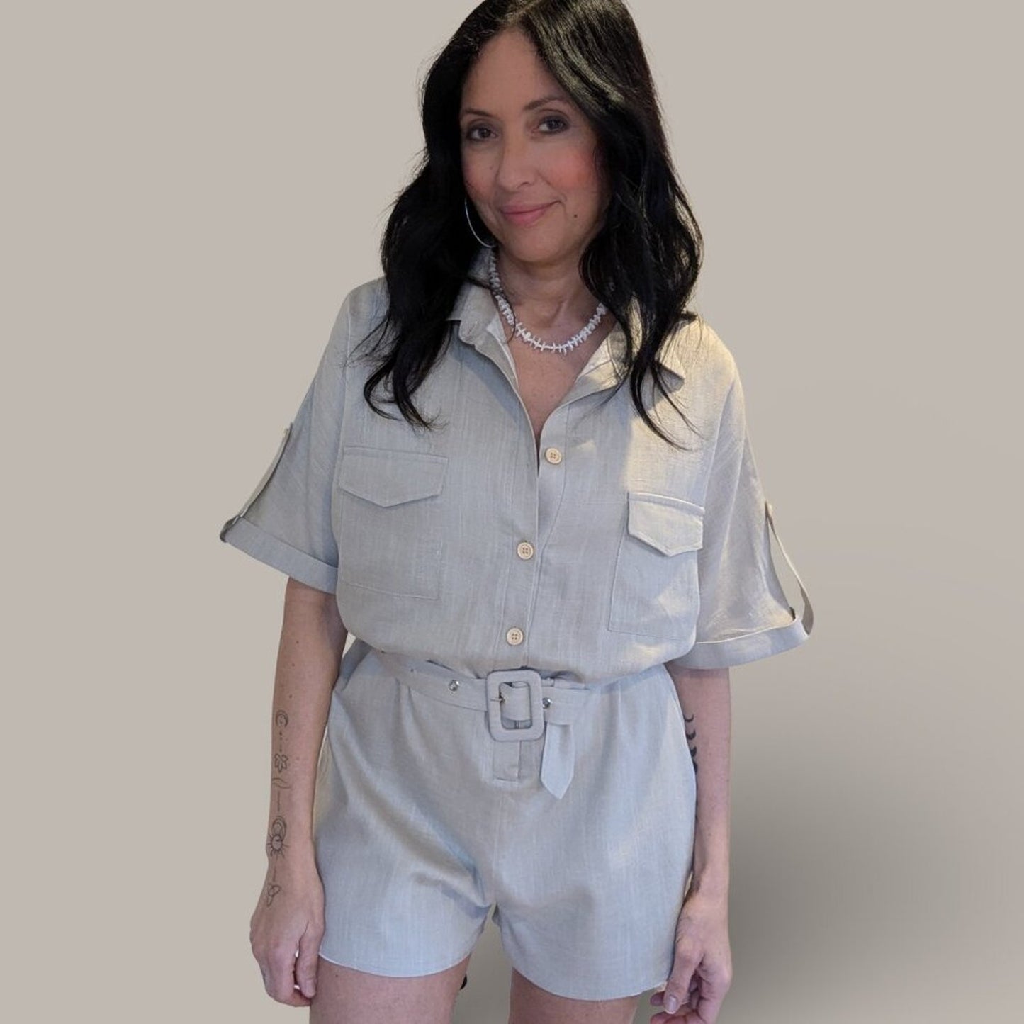 Mable Lt. Taupe Alice Linen Button Up Romper - Small - NWT