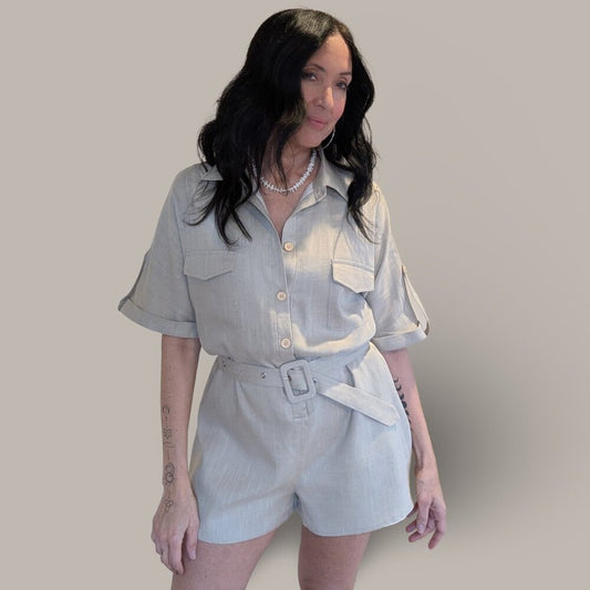 Mable Lt. Taupe Alice Linen Button Up Romper - Small - NWT