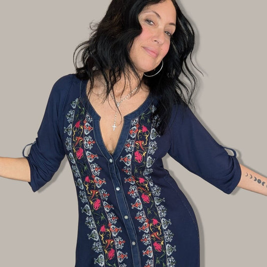 Anthropologie Tiny Navy Blue Floral Embroidery Dress - Large