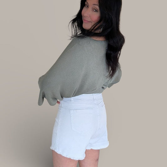 White Button Front Denim Shorts - Large