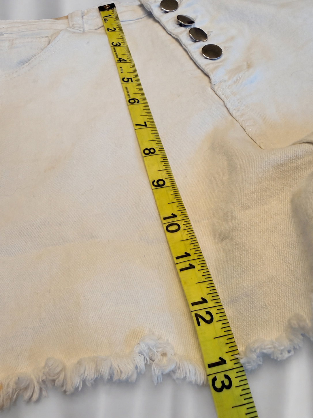 White Denim Shorts with Button Front Detail - Frayed Hem - Size Large