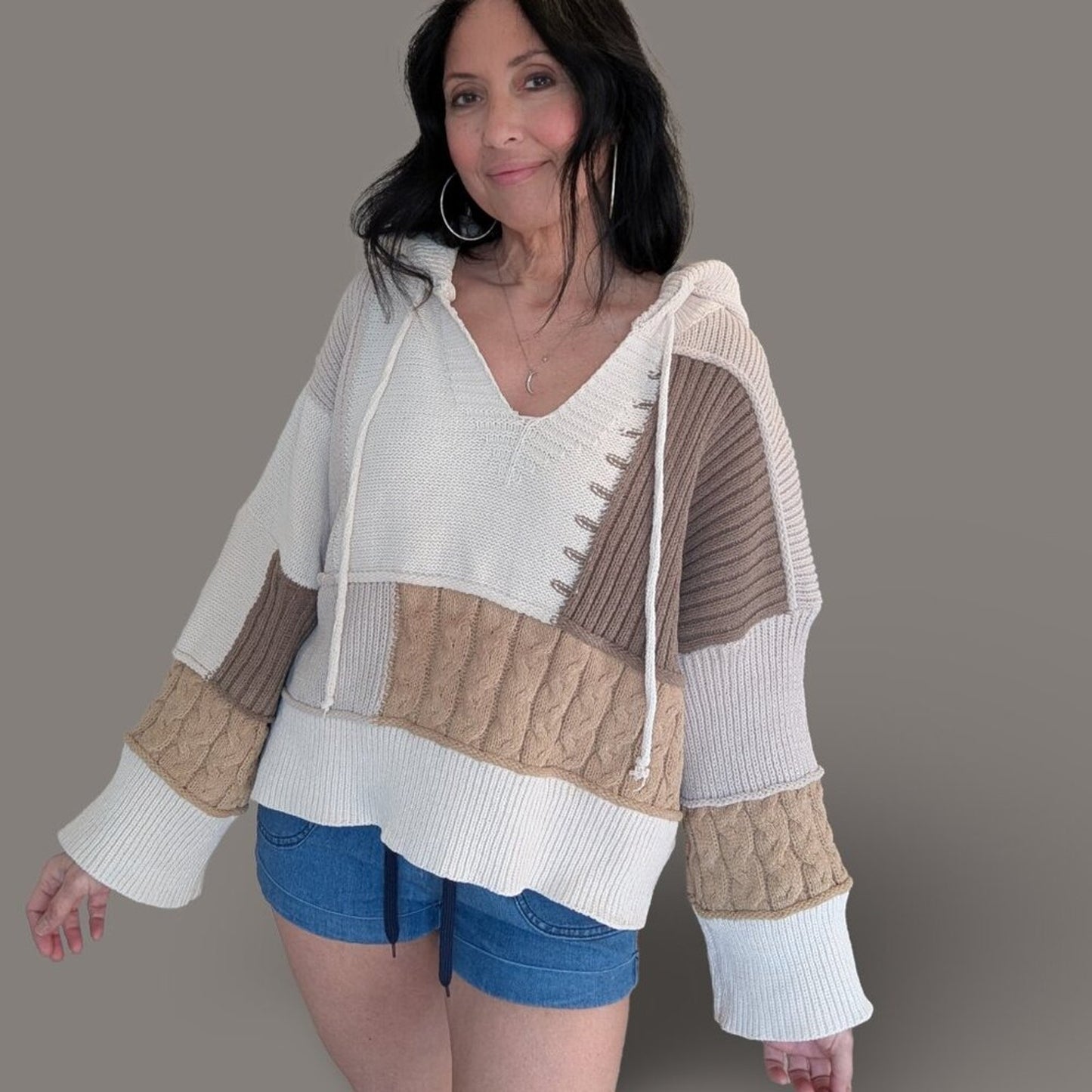 POL Tan Tones Block Knit Hooded Sweater - Small