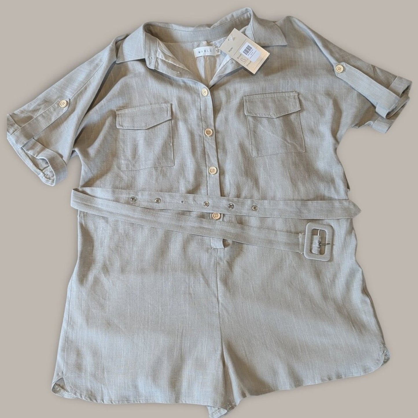 Mable Lt. Taupe Alice Linen Button Up Romper - Small - NWT