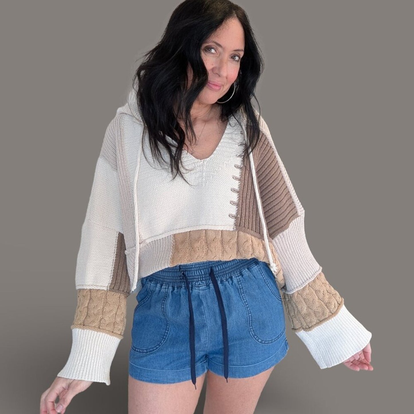 POL Tan Tones Block Knit Hooded Sweater - Small