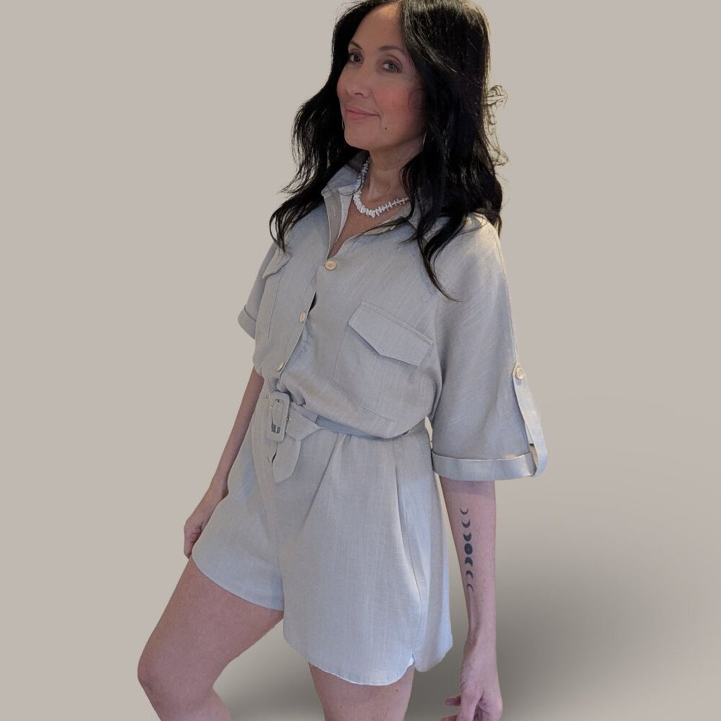Mable Lt. Taupe Alice Linen Button Up Romper - Small - NWT