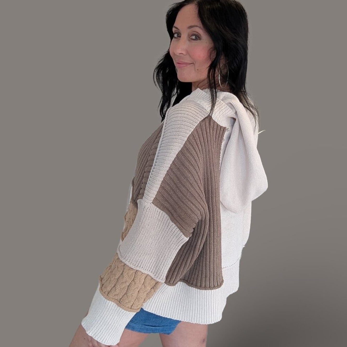 POL Tan Tones Block Knit Hooded Sweater - Small