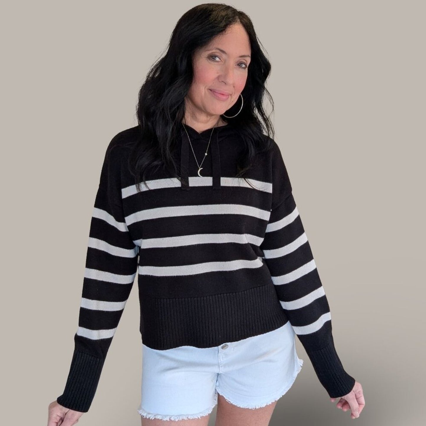 Primark Black and White Striped Hooded Sweater - Medium