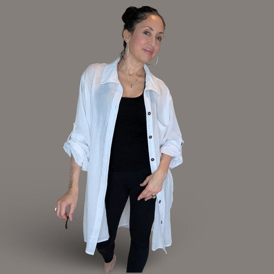 Mynah White Gauzy Button Front Swim Coverup - 2X - Suitable for all sizes below
