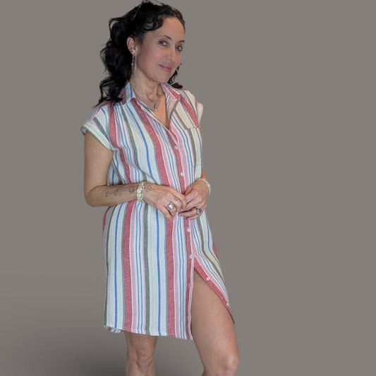 Old Navy Striped Cap Sleeve Button Down Dress - Small