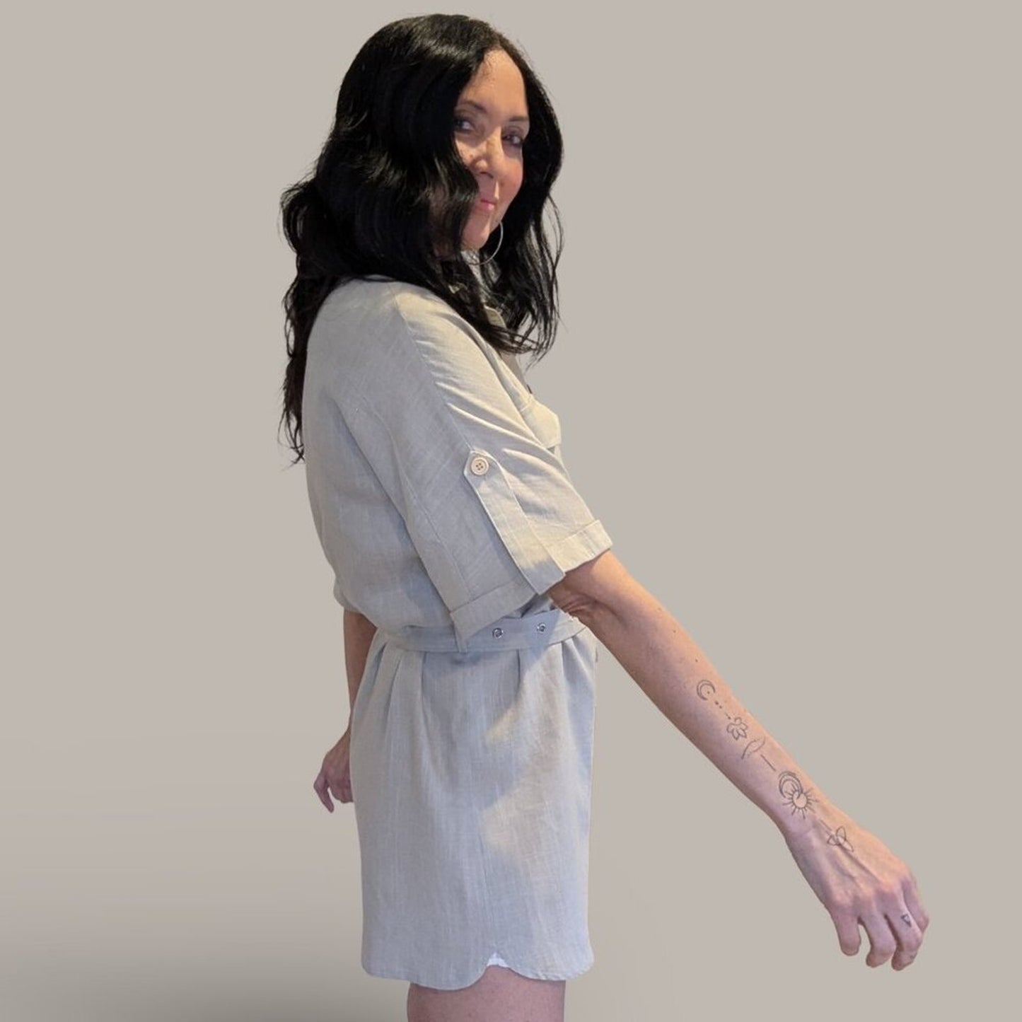 Mable Lt. Taupe Alice Linen Button Up Romper - Small - NWT