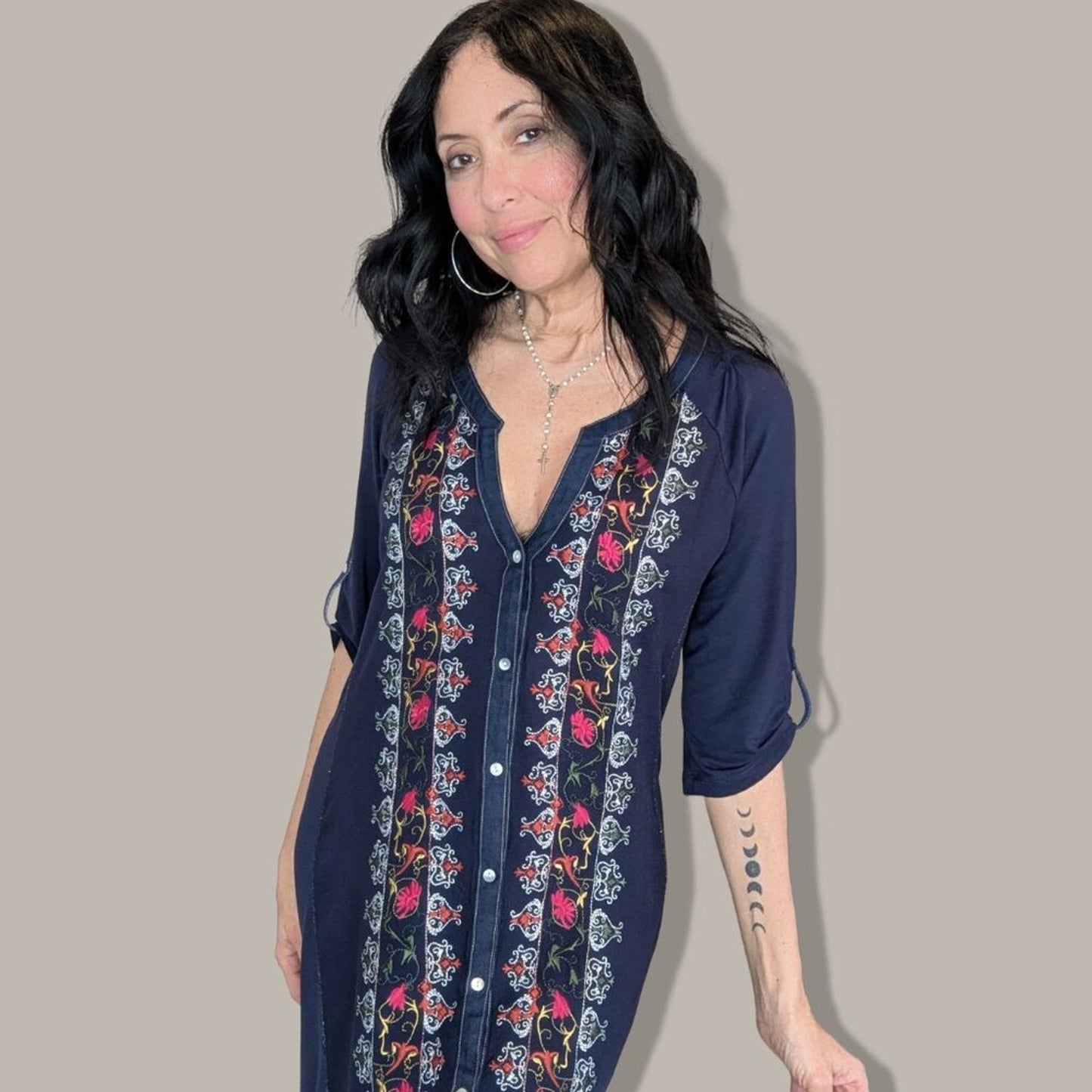 Anthropologie Tiny Navy Blue Floral Embroidery Dress - Large