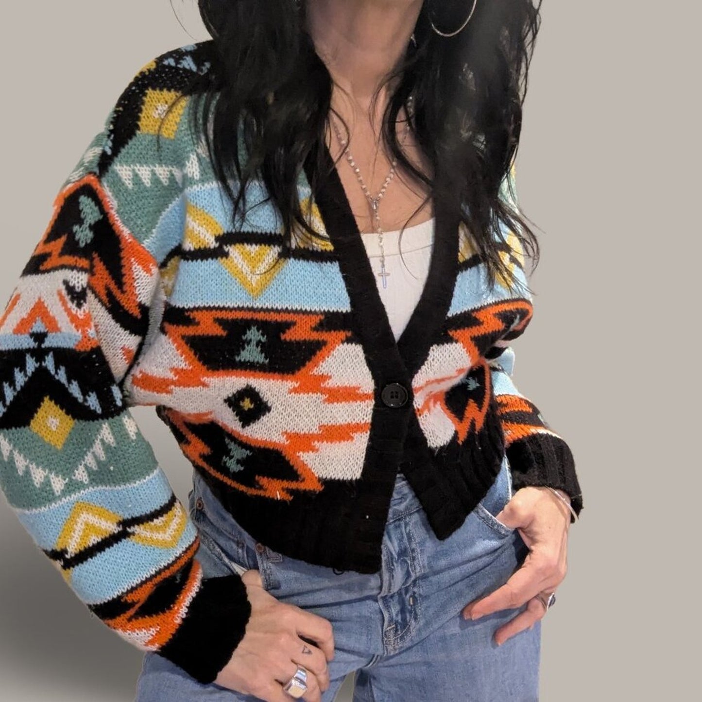 H&M Divided Jacquard Knit Aztec Cropped Cardigan Sweater - XXS