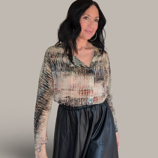 Zara Semi-Sheer Long Sleeve Blouse - Neutral Watercolor Print - Size Small