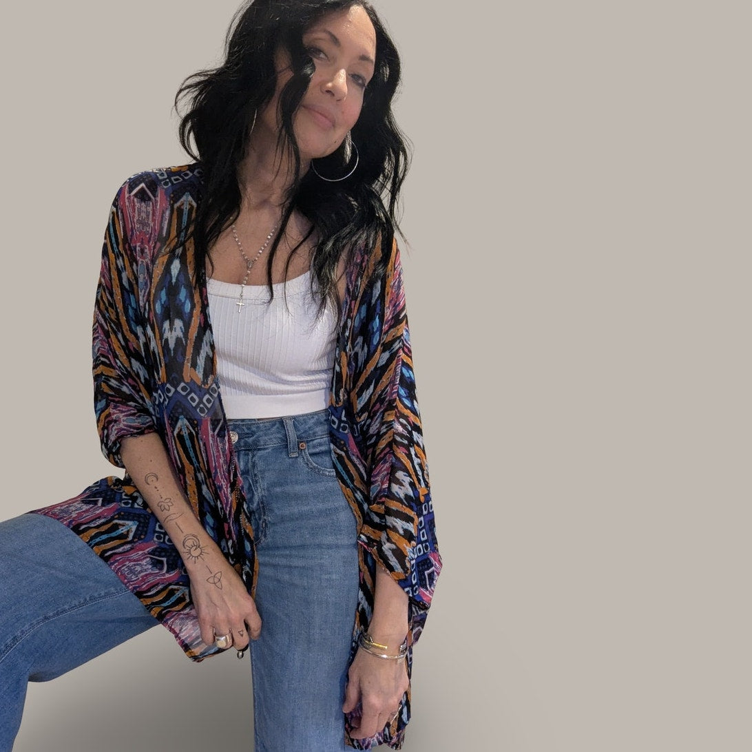 Boho Aztec Print Open Kimono - One Size