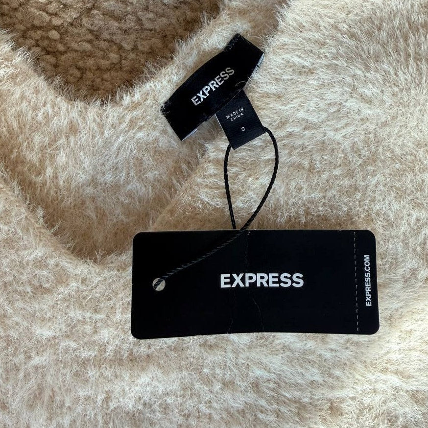 Express Tie-Waist Eyelash Knit Cream Sweater Dress – Size Small