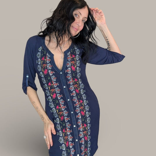 Anthropologie Tiny Navy Blue Floral Embroidery Dress - Large