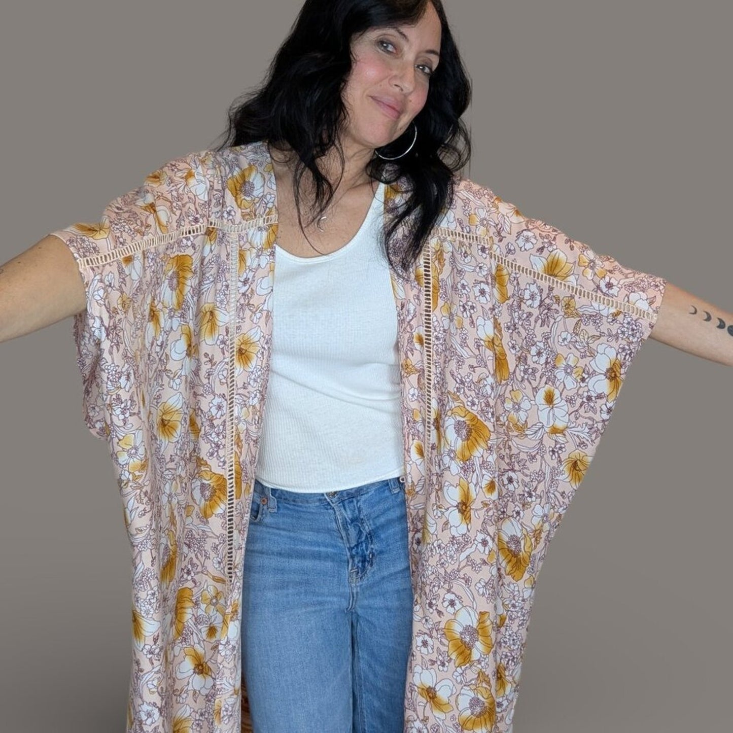 Band of Gypsies Tan Floral Print Boho Kimono - One Size