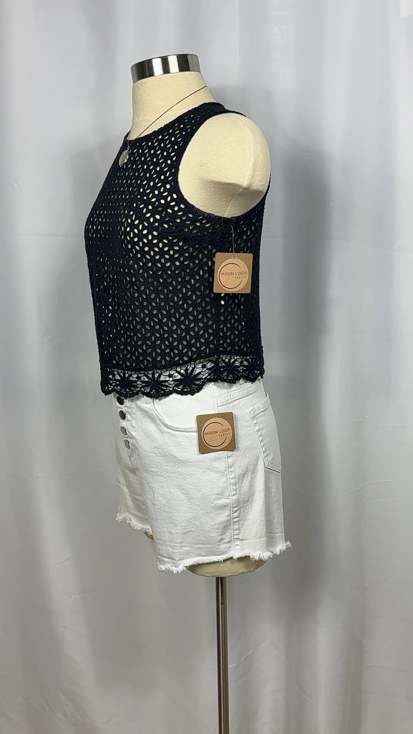 White Denim Shorts with Button Front Detail - Frayed Hem - Size Large