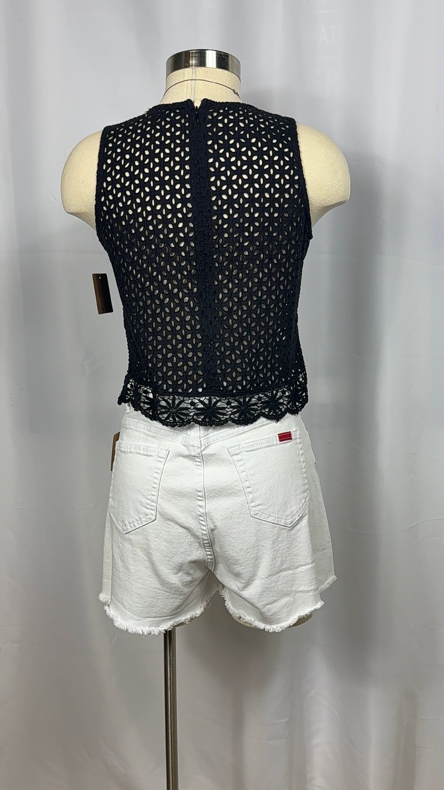 White Denim Shorts with Button Front Detail - Frayed Hem - Size Large