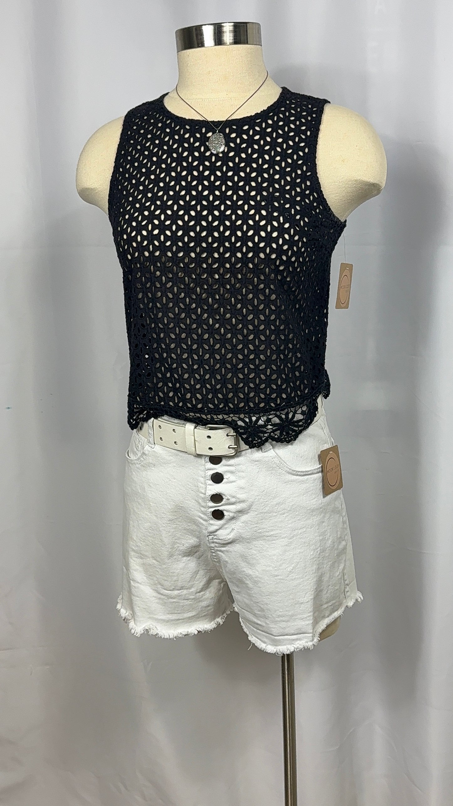 White Denim Shorts with Button Front Detail - Frayed Hem - Size Large