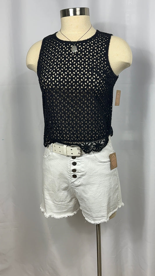 White Denim Shorts with Button Front Detail - Frayed Hem - Size Large