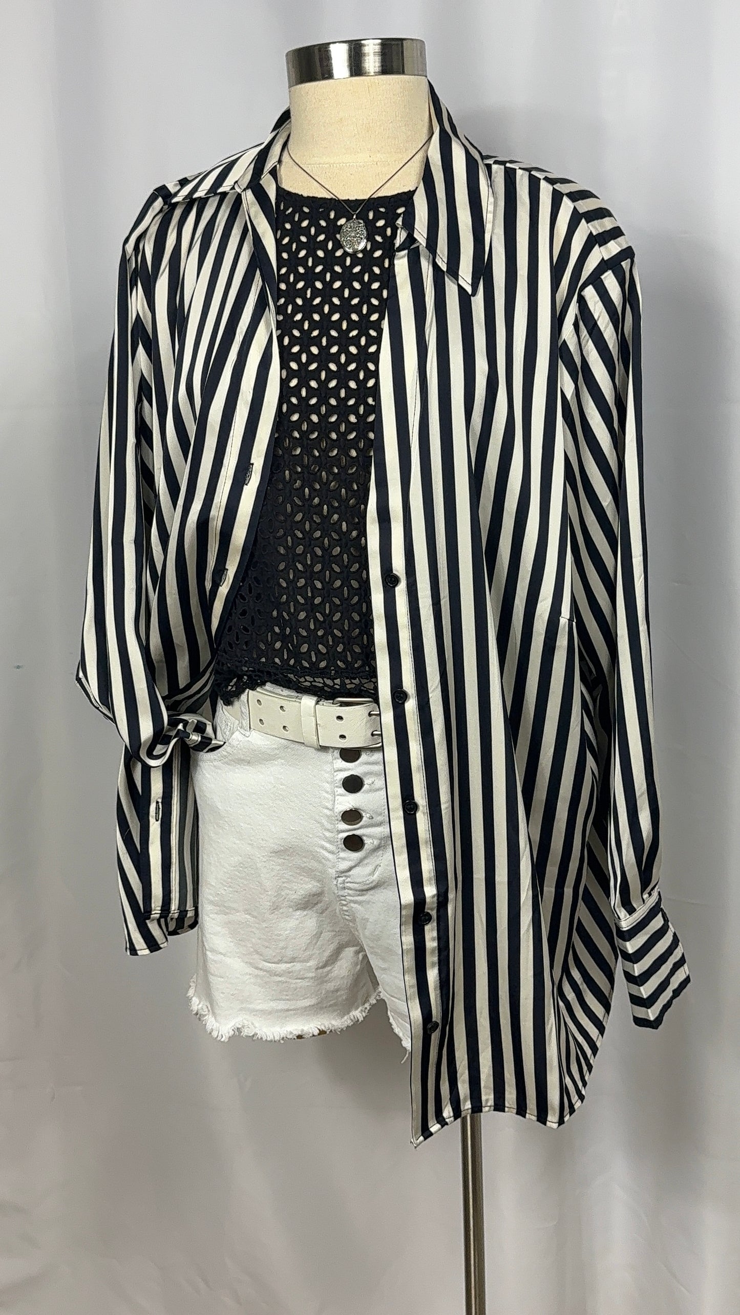 White Denim Shorts with Button Front Detail - Frayed Hem - Size Large