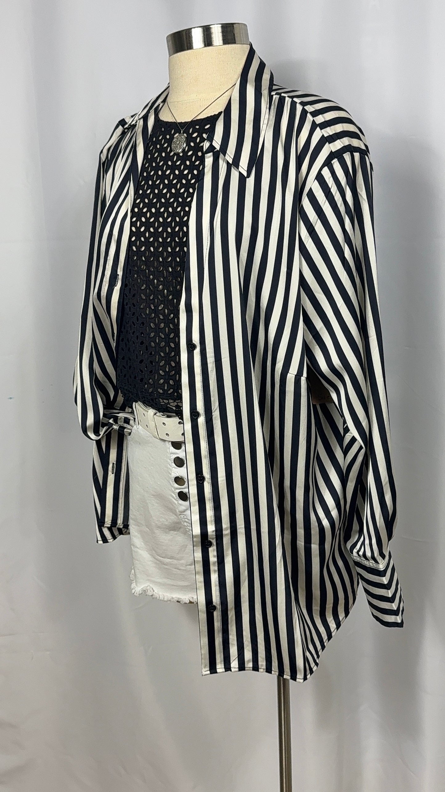 H&M Black and White Striped Button-Up Shirt - Size XL