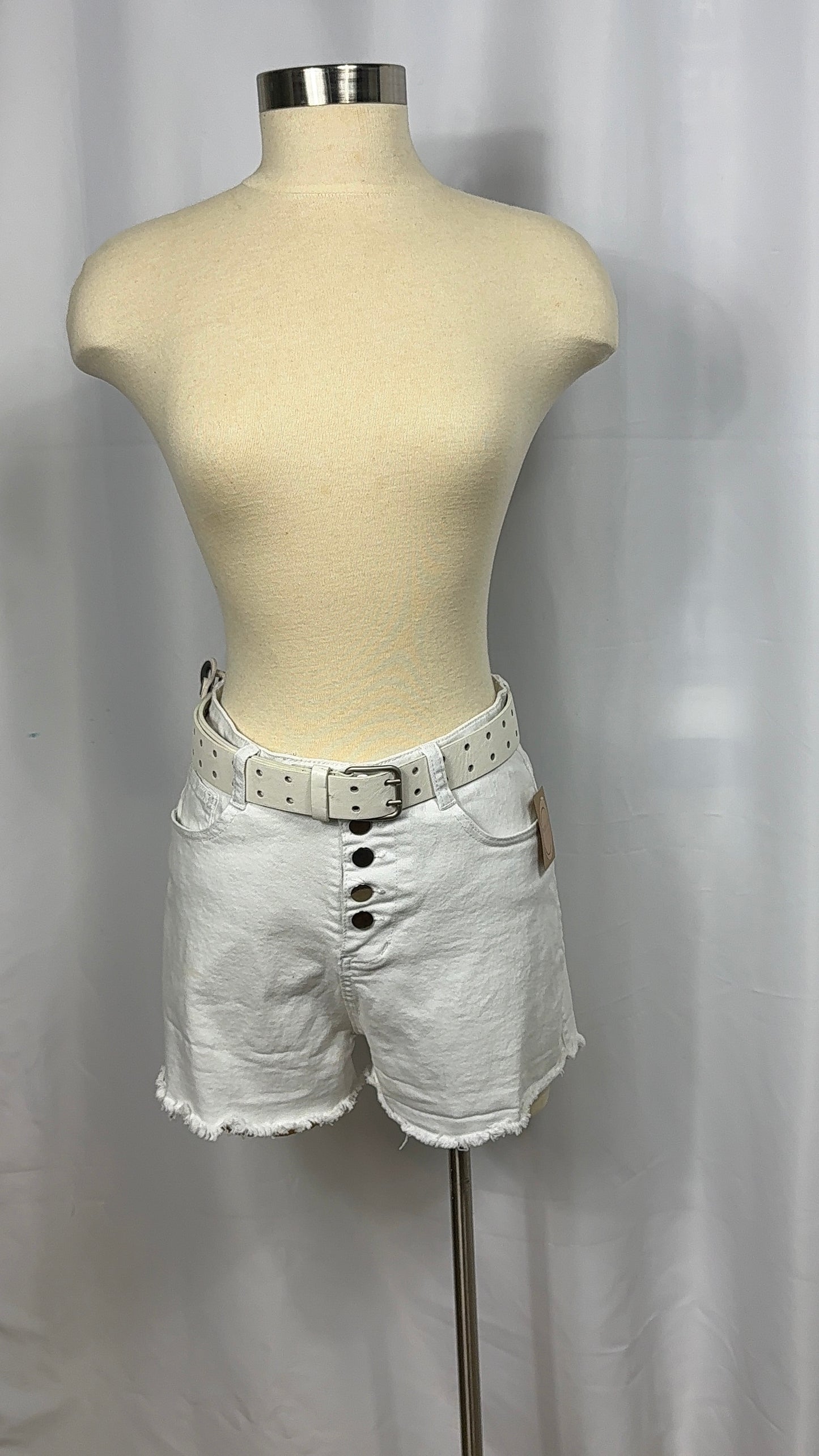 White Denim Shorts with Button Front Detail - Frayed Hem - Size Large
