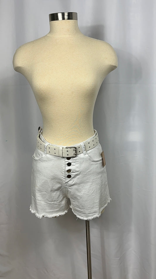 White Denim Shorts with Button Front Detail - Frayed Hem - Size Large