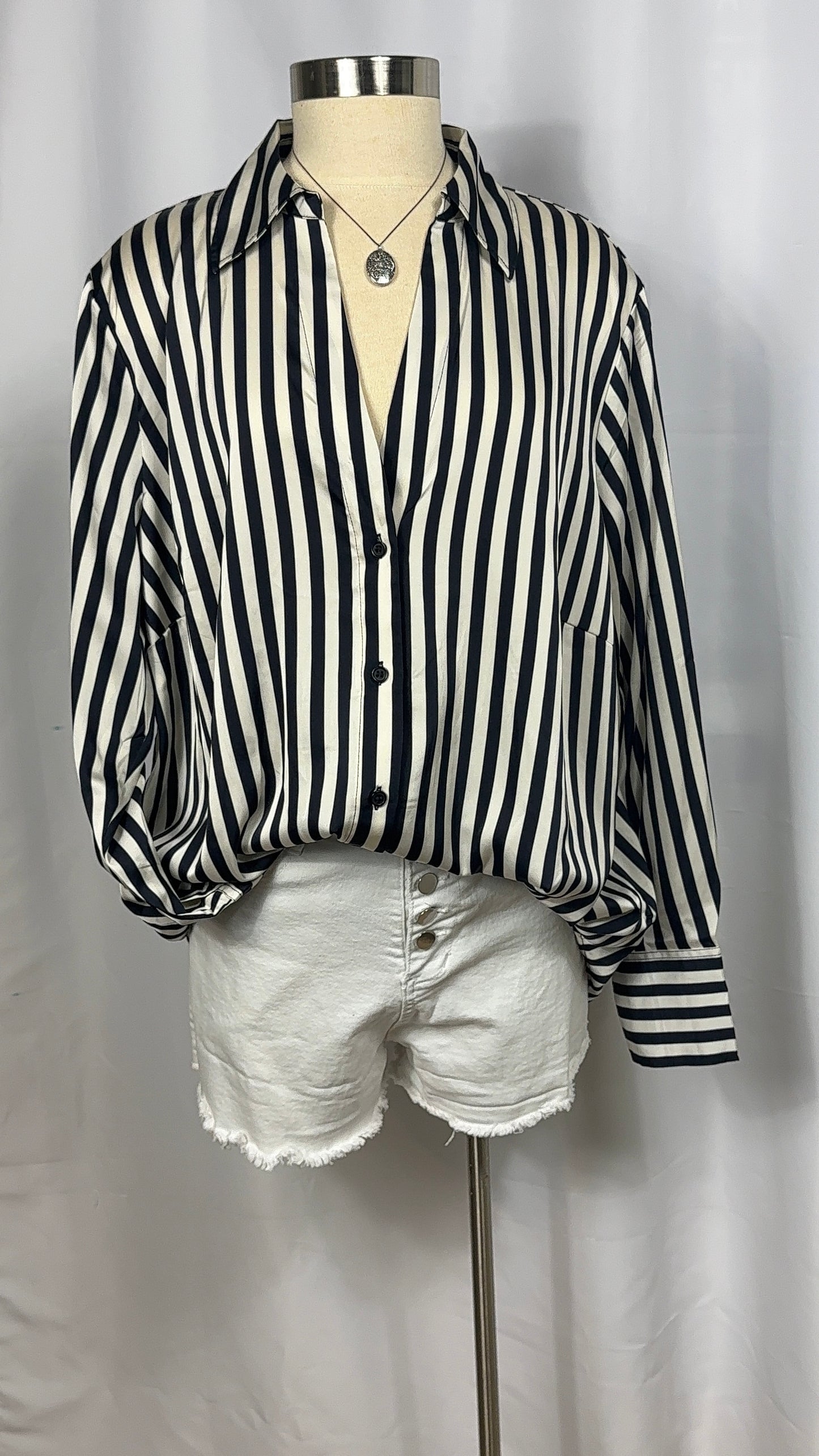 H&M Black and White Striped Button-Up Shirt - Size XL