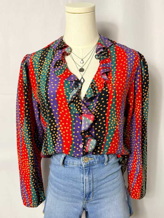 Vintage 80's Colorful Wave Stripe and Polka Dot Ruffle Blouse with Long Sleeves - Small / Medium