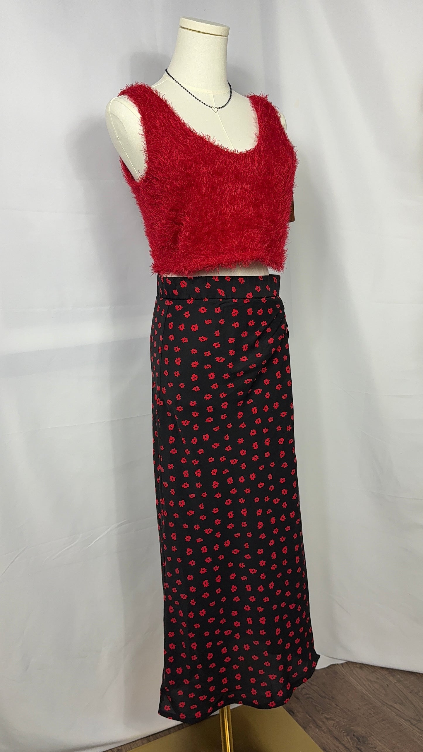 Princess Polly Jodie Black Red Floral Faux Wrap Maxi Skirt with Front Slit - Size 6