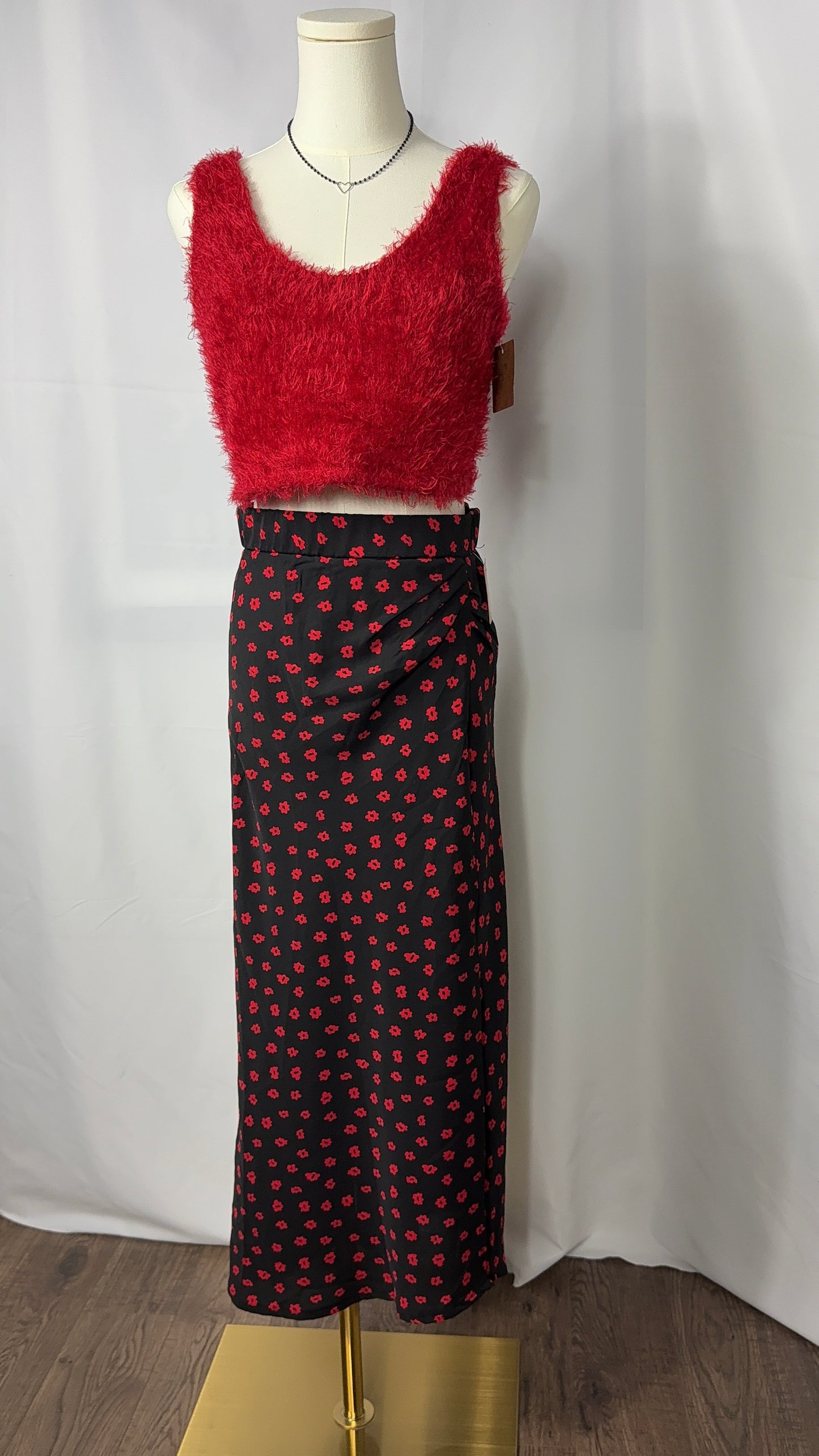 Princess Polly Jodie Black Red Floral Faux Wrap Maxi Skirt with Front Slit - Size 6