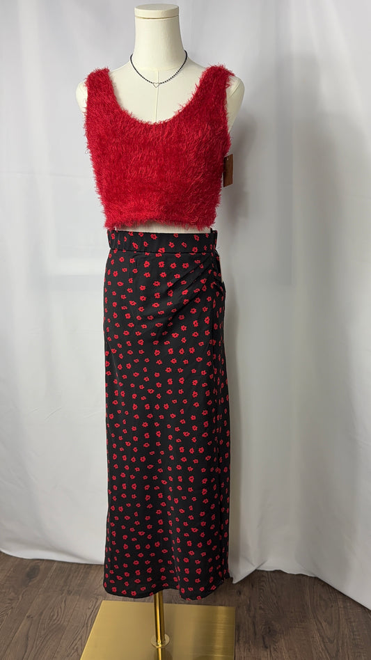 Princess Polly Jodie Black Red Floral Faux Wrap Maxi Skirt with Front Slit - Size 6