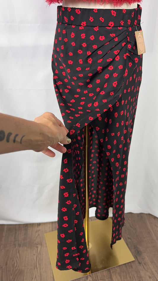 Princess Polly Jodie Black Red Floral Faux Wrap Maxi Skirt with Front Slit - Size 6