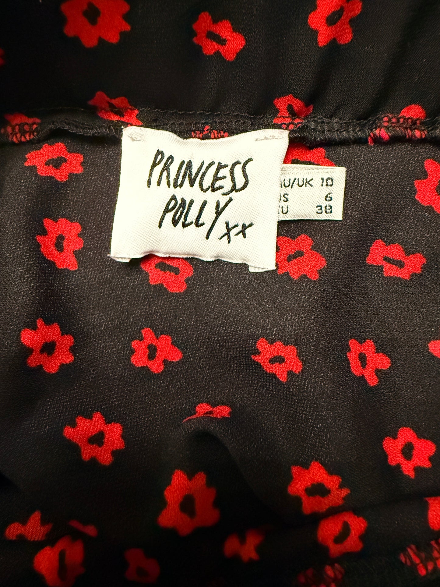 Princess Polly Jodie Black Red Floral Faux Wrap Maxi Skirt with Front Slit - Size 6