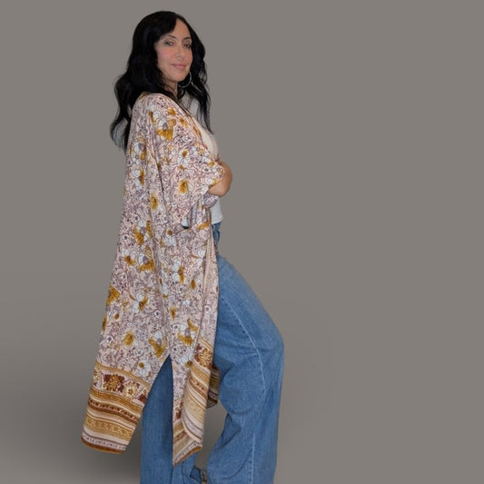 Band of Gypsies Tan Floral Print Boho Kimono - One Size