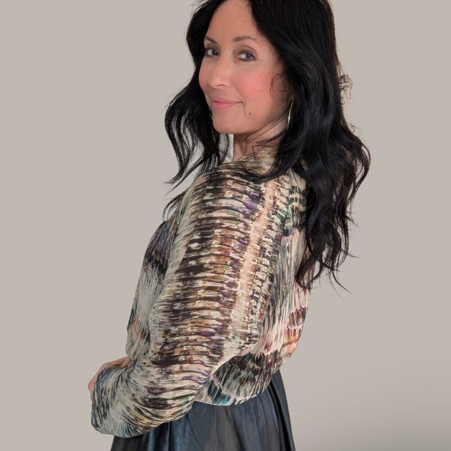 Zara Semi-Sheer Long Sleeve Blouse - Neutral Watercolor Print - Size Small