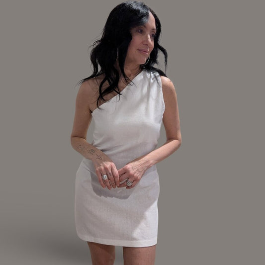 White Linen One Shoulder Mini Dress - Small