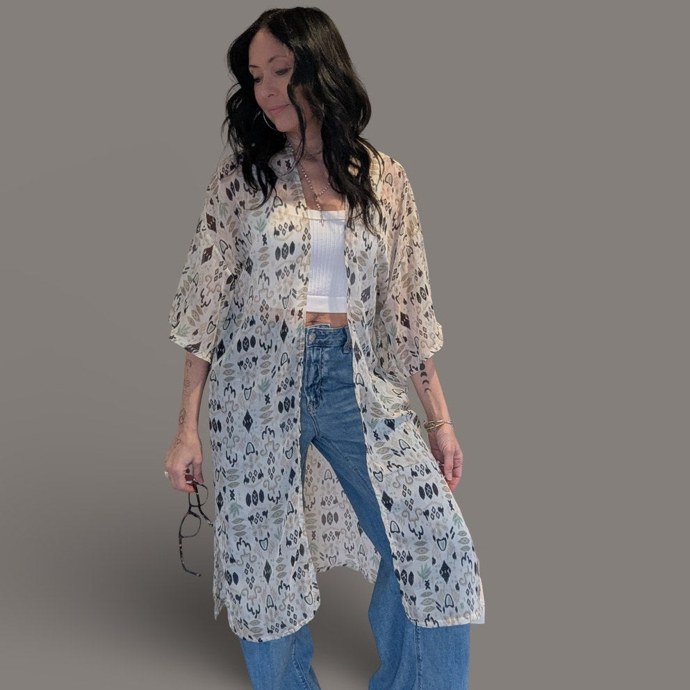 Sonoma Neutral Aztec Sheer Kimono - One Size