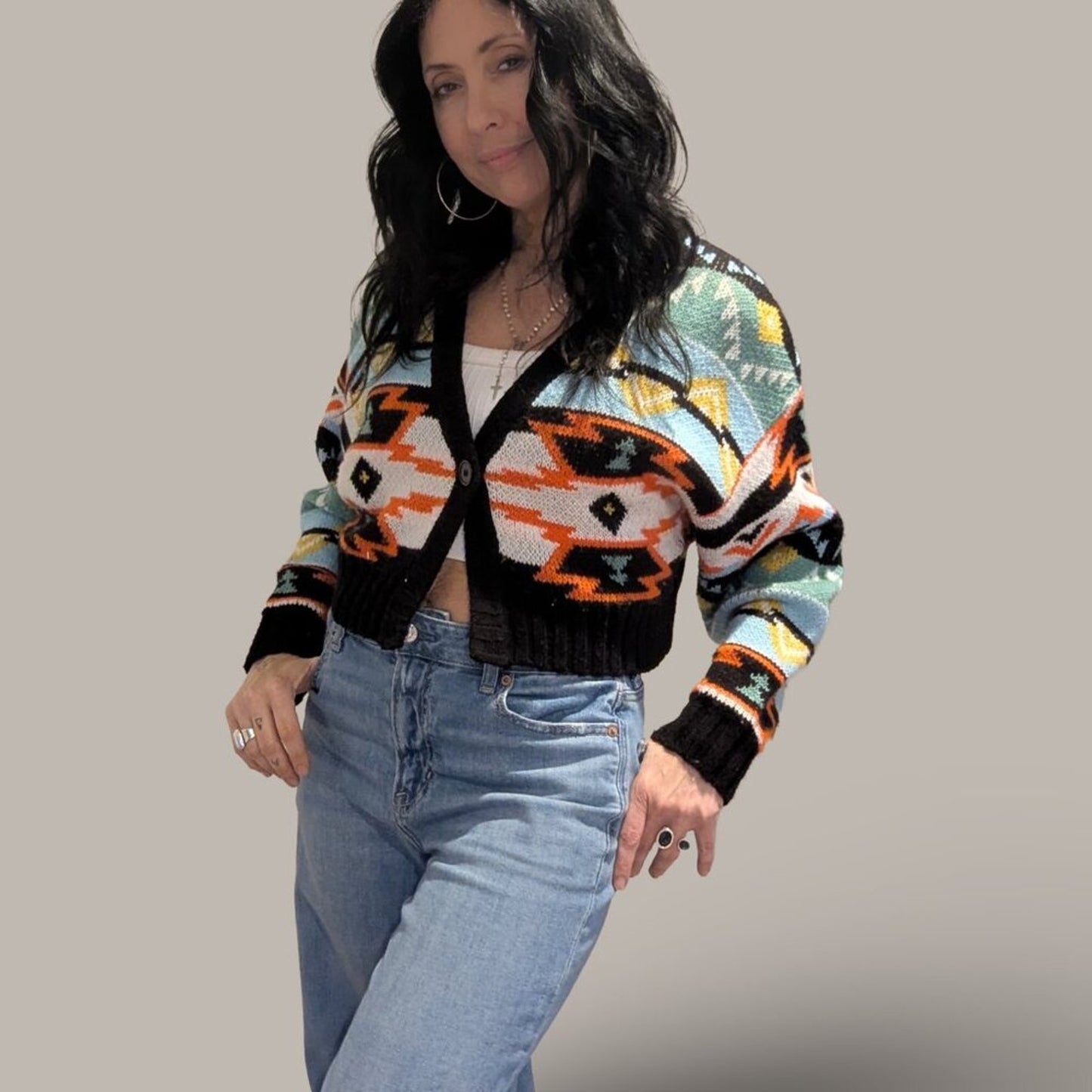 H&M Divided Jacquard Knit Aztec Cropped Cardigan Sweater - XXS