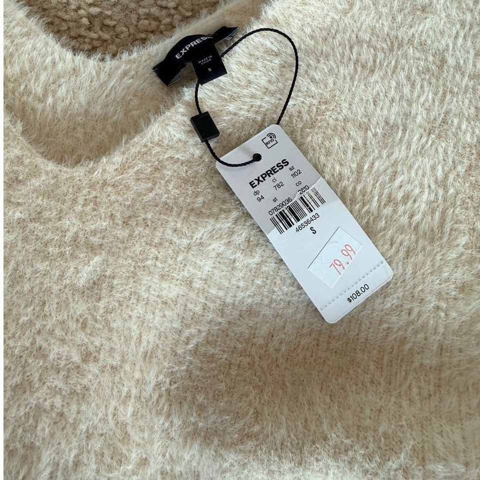 Express Tie-Waist Eyelash Knit Cream Sweater Dress – Size Small